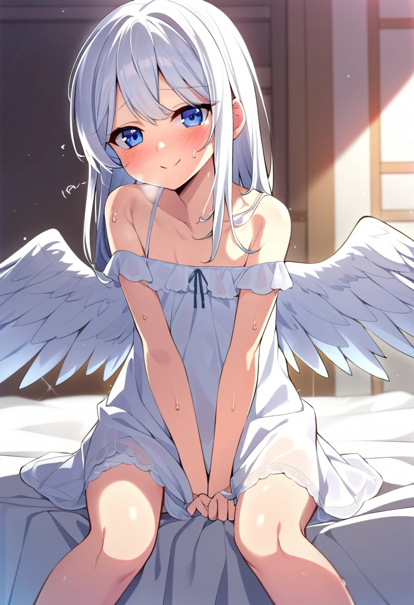 beautiful, masterpiece, Highest quality, anime, One girl, C Cup,Portrait Shot, View your viewers, Intricate details,>,((Covered、Short Hair、nearby、Blue Eyes、art、、White hair,Blue streaked hair、wallpaper、、hairpin、smile、Angel、Nipples、Thighs、Halo、Animal Ears、Lying on your back、Wolf_tail、Armpit、white_liquid、masturbation