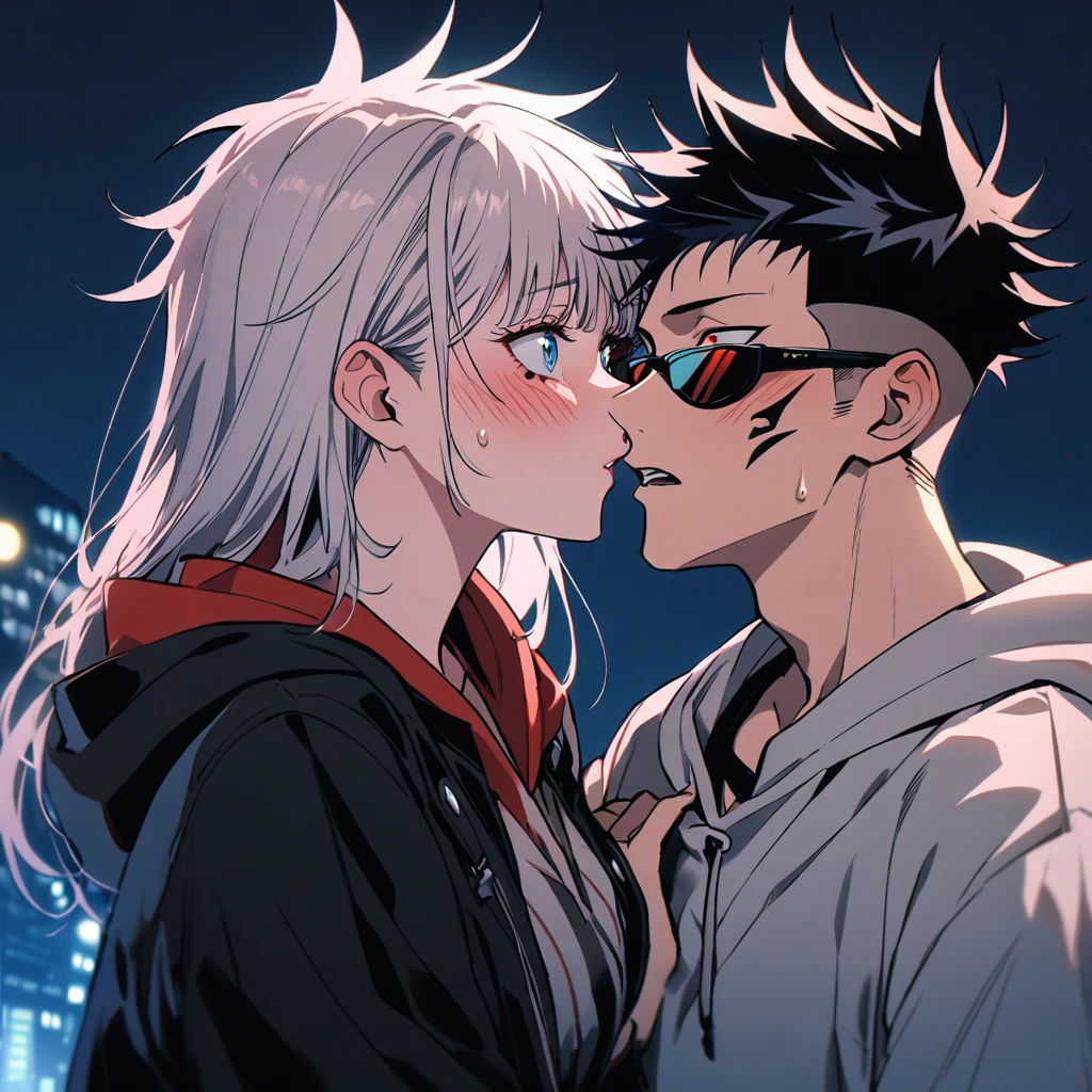 (1girl, White hair, blue eyes, wearing sunglasses), (1boy, pink_hair, blush, undercut, hetero, red_eyes, tattoo), long_hair, itadori_yuuji, spiked_hair, hood, short_hair, ryoumen_sukuna_(jujutsu_kaisen), night, facial_tattoo, hoodie, upper_body, jacket, extra_eyes, hood_down, black_jacket, imminent_kiss, kiss, looking_at_another, facial_mark, freckles, sweatdrop, bangs, black_hair, multicolored_hair, blue_eyes, clothes_grab, surprised