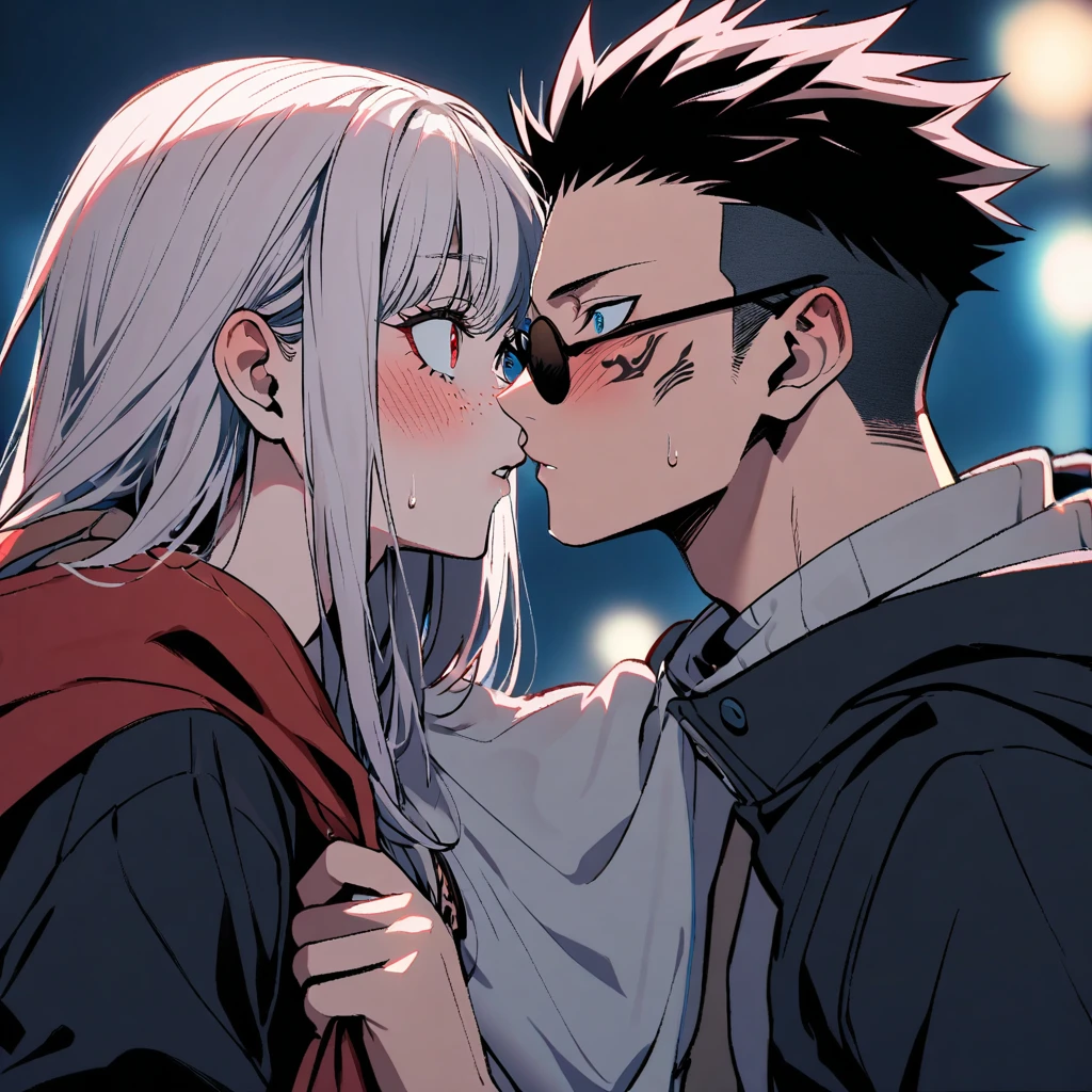 (1girl, White hair, blue eyes, wearing sunglasses), (1boy, pink_hair, blush, undercut, hetero, red_eyes, tattoo), long_hair, itadori_yuuji, spiked_hair, hood, short_hair, ryoumen_sukuna_(jujutsu_kaisen), night, facial_tattoo, hoodie, upper_body, jacket, extra_eyes, hood_down, black_jacket, imminent_kiss, kiss, looking_at_another, facial_mark, freckles, sweatdrop, bangs, black_hair, multicolored_hair, blue_eyes, clothes_grab, surprised