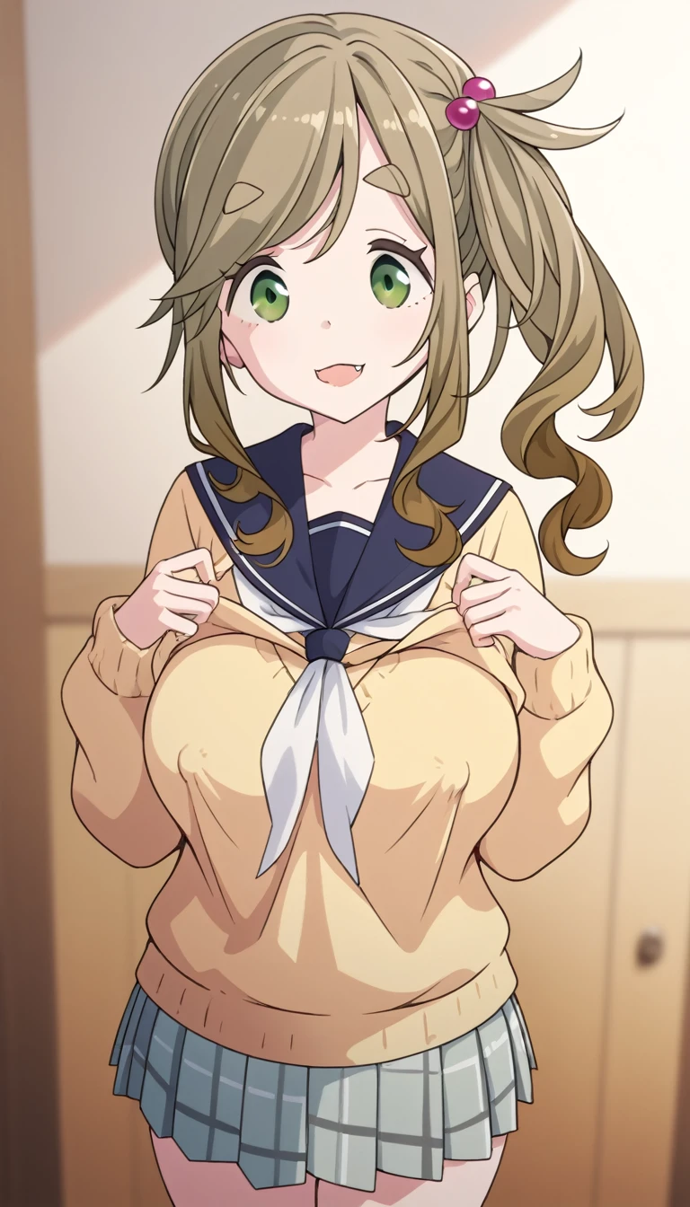 Aoi Inuyama, loose camp, medium hair, chest, bangs, brown hair, hair ornament, side ponytail, flowing bangs, thick eyebrows, hair bobble, skin fangs, green eyes, fangs, sailor color, sweater, Motosu , yellow Sweater, white neckerchief, pleated skirt, thighs, nsfw, (show off nipple / nipple) shirt lift
