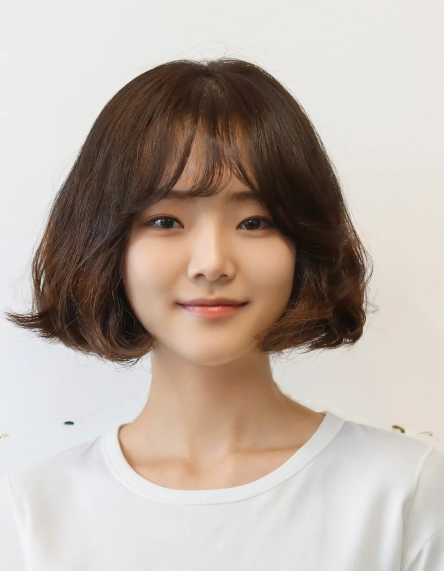 Best Quality, 8k, Masterpiece, (Portrait: 1.3), (photo realistic:1.4), (hyper realistic:1.4), Sharp Focus, looking at viewer, (smoother lighting:1.1), (increase cinematic lighting quality:0.9), realistic lighting, backlighting, light on face, ray trace, (brightening light:1.2), (Increase quality:1.4), sharp detail, (best quality real texture skin:1.4), finely detailed eyes, black_eyes, finely detailed face, 25 year old Korean woman, (white formal_shirt:1.4), (Create an image maintaining the original base model hairstyle:1.5)