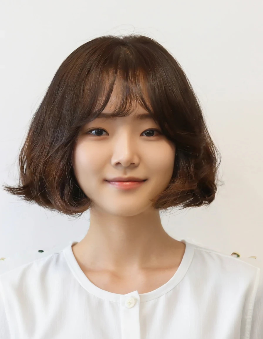 Best Quality, 8k, Masterpiece, (Portrait: 1.3), (photo realistic:1.4), (hyper realistic:1.4), Sharp Focus, looking at viewer, (smoother lighting:1.1), (increase cinematic lighting quality:0.9), realistic lighting, backlighting, light on face, ray trace, (brightening light:1.2), (Increase quality:1.4), sharp detail, (best quality real texture skin:1.4), finely detailed eyes, black_eyes, finely detailed face, 25 year old Korean woman, (white formal_shirt:1.4), (Create an image maintaining the original base model hairstyle:1.5)
