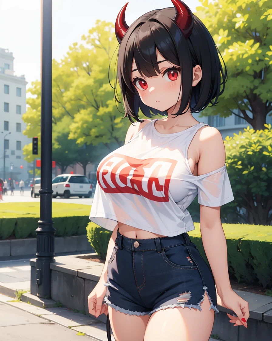 Black hair girl, short hair, cute face, Casual walk in the park, mini jean shorts, tight mini shorts, long stockings, bare shoulders, oversized t-shirt, ((big breasts)), red eyes, (demon horns), cute face, wide waist, tight long stockings, ((white cropped t-shirt, Translucent T-shirt))