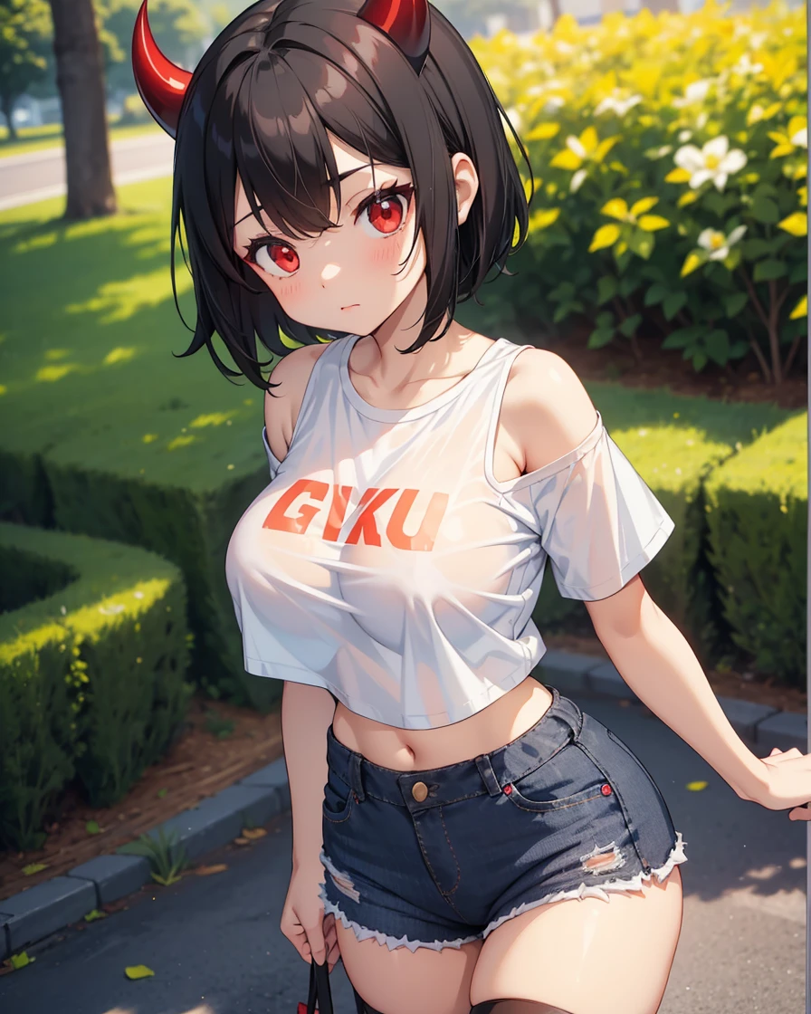 Black hair girl, short hair, cute face, Casual walk in the park, mini jean shorts, tight mini shorts, long stockings, bare shoulders, oversized t-shirt, ((big breasts)), red eyes, (demon horns), cute face, wide waist