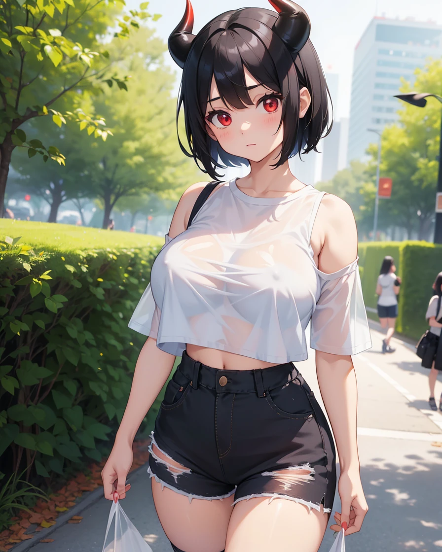 Black hair girl, short hair, cute face, Casual walk in the park, mini jean shorts, tight mini shorts, long stockings, bare shoulders, oversized t-shirt, ((big breasts)), red eyes, (demon horns), cute face, wide waist, tight long stockings, ((white cropped t-shirt, Translucent T-shirt))