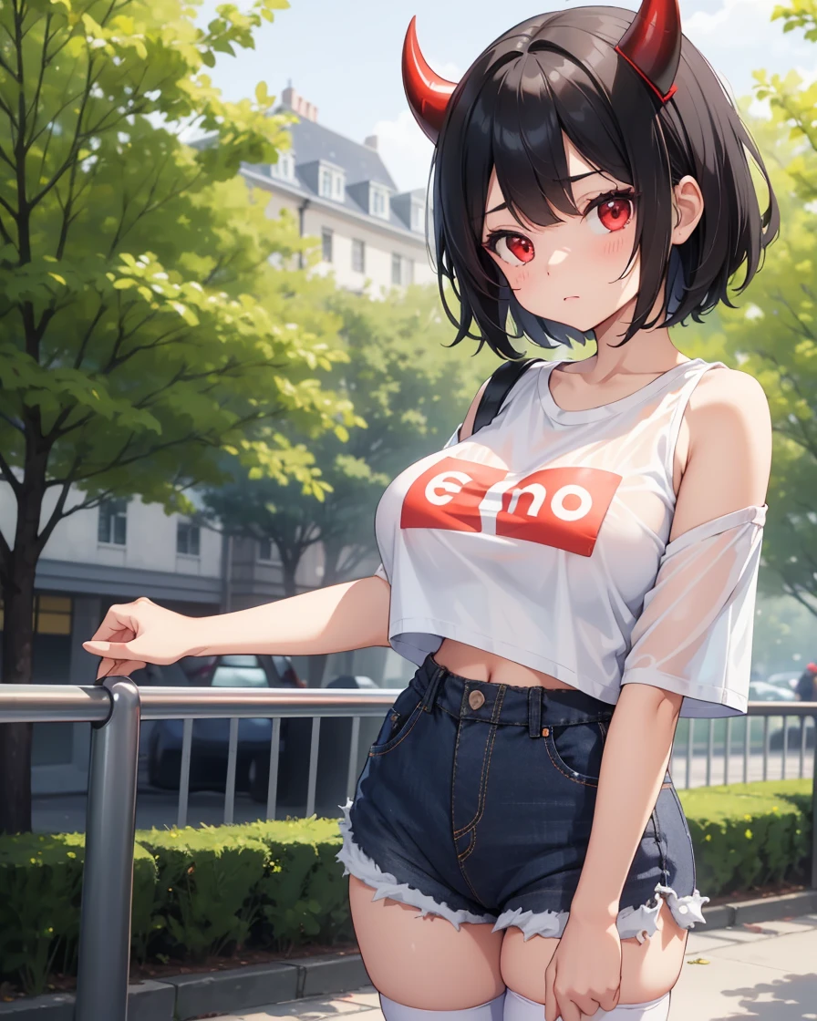 Black hair girl, short hair, cute face, Casual walk in the park, mini jean shorts, tight mini shorts, long stockings, bare shoulders, oversized t-shirt, ((big breasts)), red eyes, (demon horns), cute face, wide waist, tight long stockings, ((white cropped t-shirt, Translucent T-shirt))