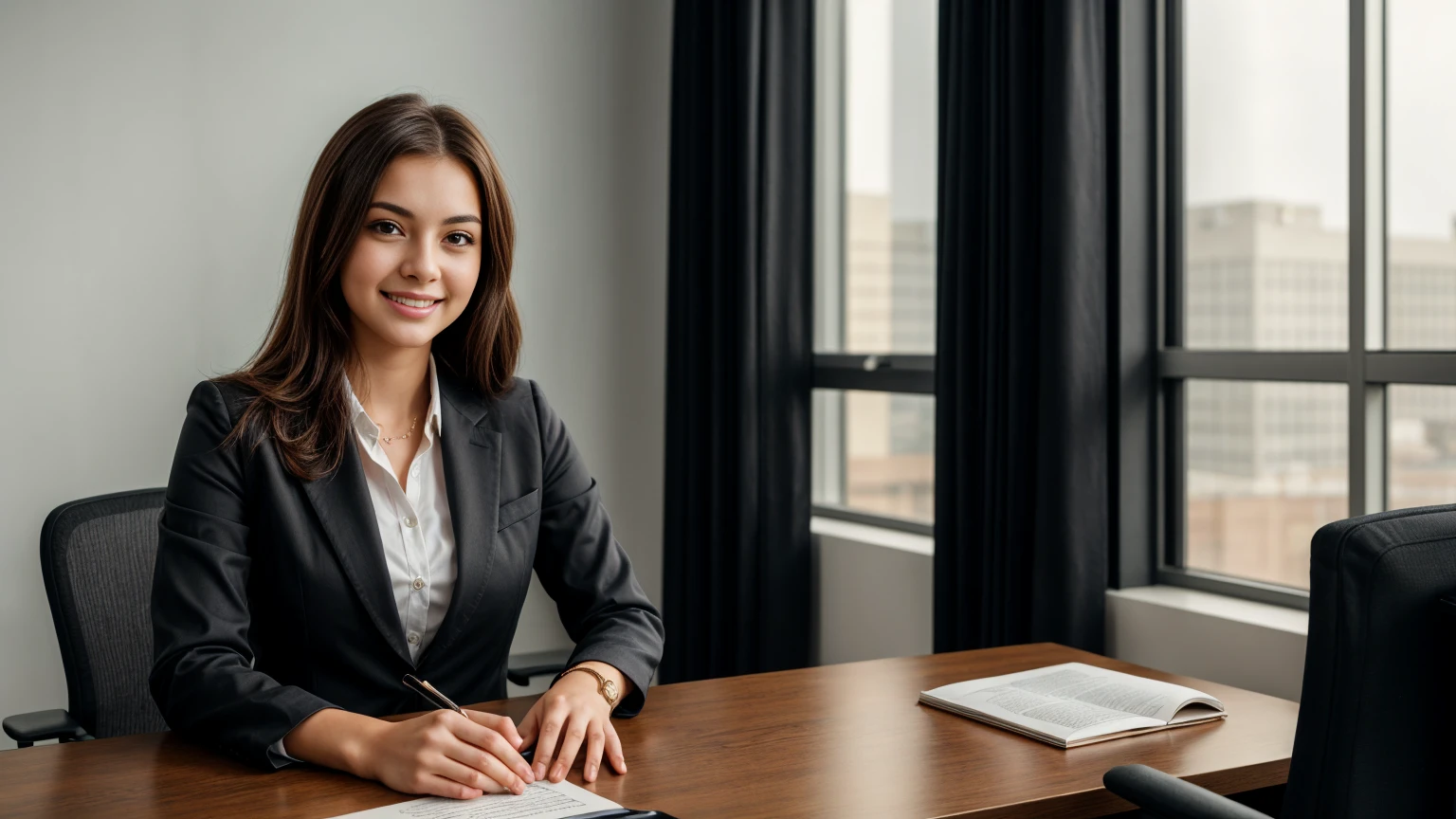 a beautiful girl in a professional office setting, black hair, looking at viewer, elegant red business attire, (red business dress:1.1), gentle expression, full smile, professional and efficient, warm lighting, photorealistic, highly detailed, cinematic composition, dramatic lighting, color grading, Rembrandt lighting
