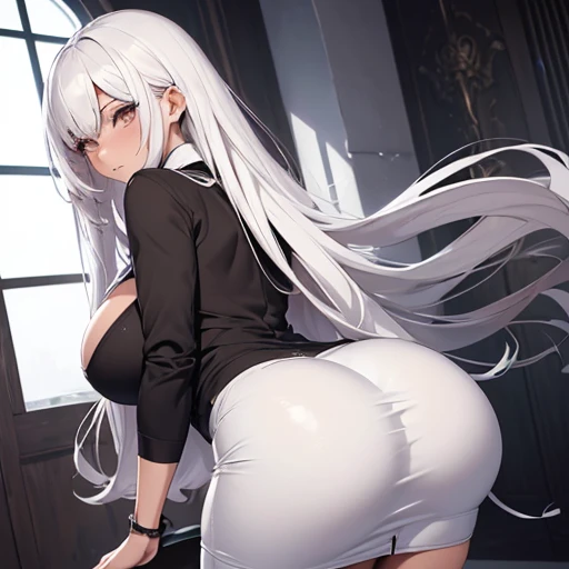 (Alone:1.5),(Woman1),(pretty),(hot slender body),(anime hentai2d),(Skin color Dark:1.5),(Long white hair that goes all the way to ass and white eyes),(black eyes),(sexy thin mouth),(Big ass:1.5),(hypinating ass to the fourth wall:1.5),(big breasts:1.5),(wearing),+,(A tight straight pencil skirt that highlights his big ass And a white blouse With a neckline in the middle of her big breasts)
