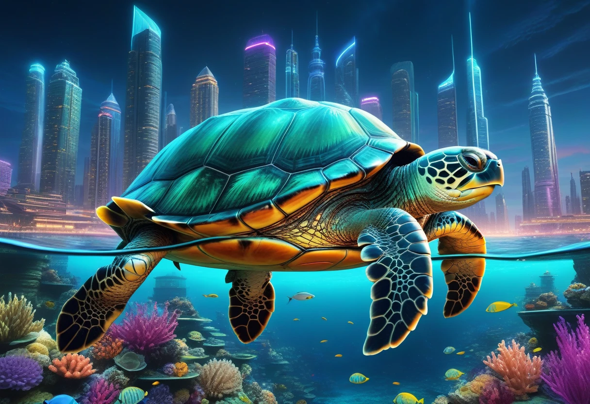 a huge turtle swimming in the ocean, futuristic city built on top of the turtle's shell, vibrant colors, anime style, detailed, 4k, masterpiece, photorealistic, dynamic lighting, cinematic composition, dramatic angles, glowing cyberpunk architecture, alien technology, bioluminescent sea creatures, shimmering waves, breathtaking scale, intricate details, hyperrealistic textures, mesmerizing color palette