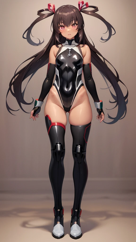 8k,best quality,masterpiece, highest quality, High resolution ,Mizuki Yukikaze, 1 person,Hair Ribbon, Black leotard,( (Taimanin suit)), skinny,flat ,One Piece Tan, Elbow Bag, Fingerless gloves, Thigh-high boots,pov,Are standing,full body,