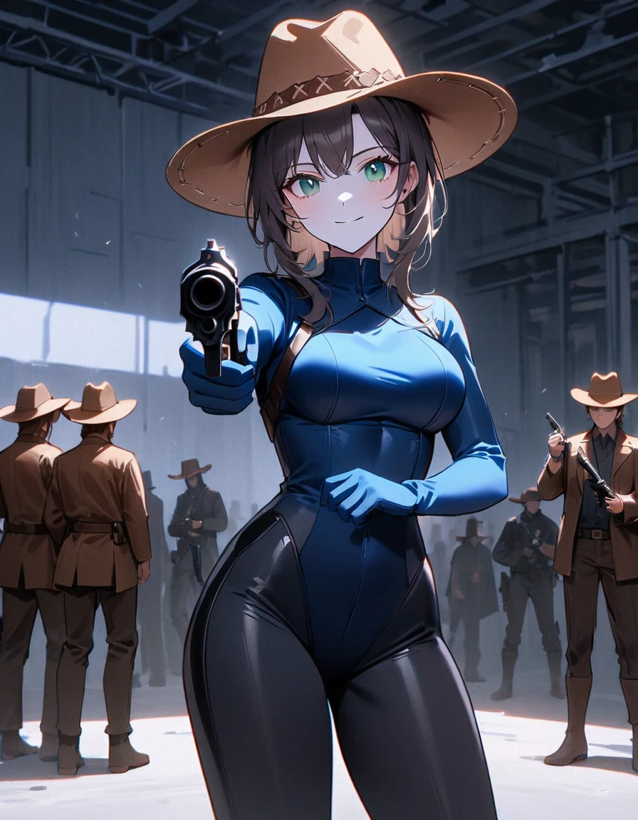work of art, best qualityer, 1 lady, standing alone, standing alone focus, (body high), Hispanic, chestnut hair, shorth hair, hypdertailed, Blue-green eyes, medium breasts, beautiful detailed eyes, beautifull detailed face, pretentious smile, ((Brown cowboy hat)), ((May, solid blue May, skintight, dark blue skintight, dark gray leggings, long sleeves, mitts, dark blue mitts, matching mitts, booties, combat booties, dark blue booties, matching booties, hanging pistol holster, knee pads)), ((pointing pistol at spectator, revolver)), whole body, cowboy shot, empty warehouse, atmosphere of danger.