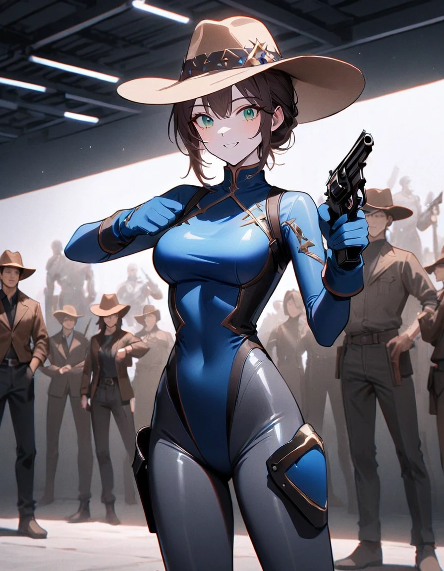 work of art, best qualityer, 1 lady, standing alone, standing alone focus, (body high), Hispanic, chestnut hair, shorth hair, hypdertailed, Blue-green eyes, medium breasts, beautiful detailed eyes, beautifull detailed face, pretentious smile, ((Brown cowboy hat)), ((May, solid blue May, skintight, dark blue skintight, dark gray leggings, long sleeves, mitts, dark blue mitts, matching mitts, booties, combat booties, dark blue booties, matching booties, hanging pistol holster, knee pads)), ((pointing pistol at spectator, revolver)), whole body, cowboy shot, empty warehouse, atmosphere of danger.