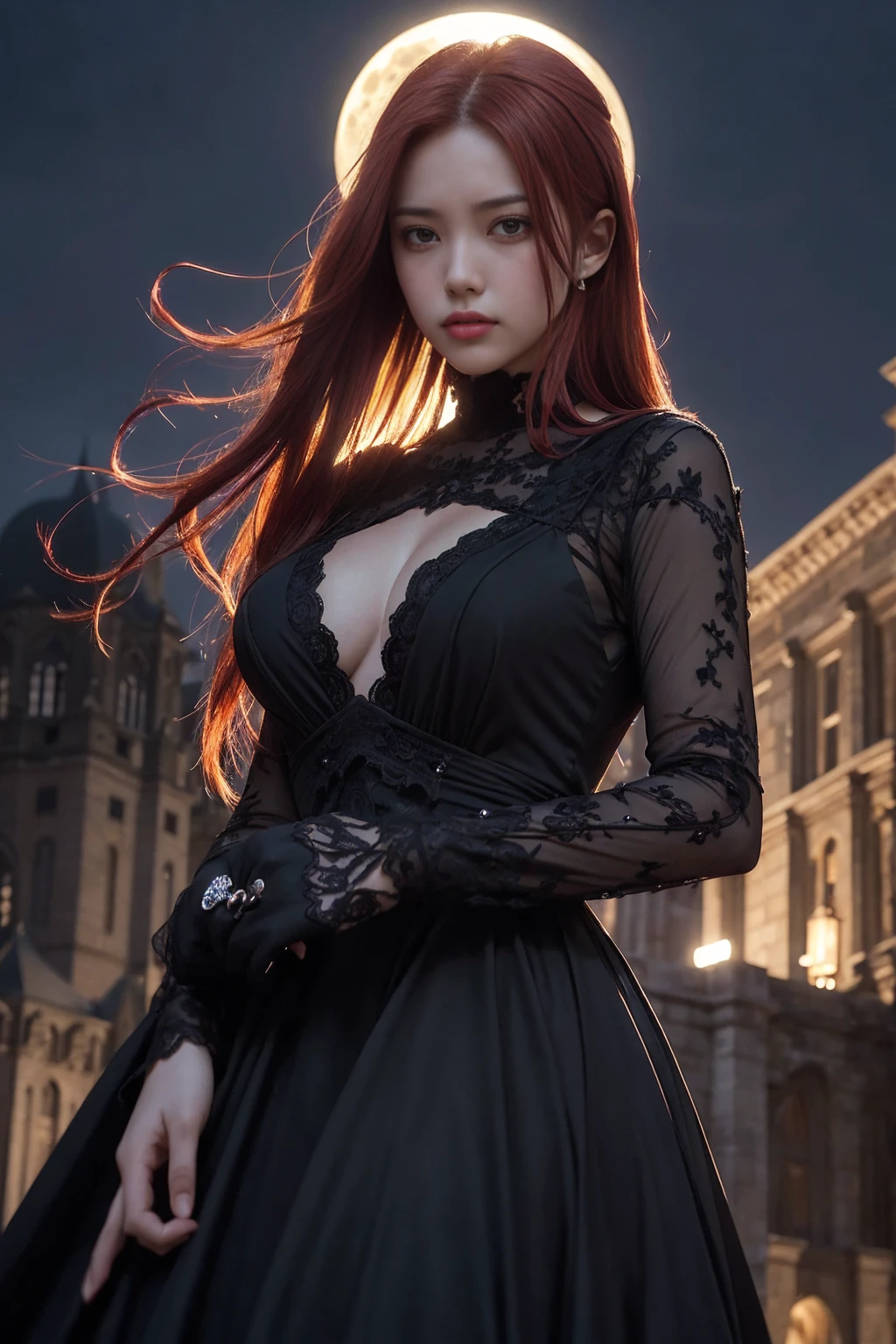 a woman with a compelling and dramatic look, her striking red hair vibrant against the night sky. She wears a fitted black gown with a low neckline and decorative details that suggest a blend of gothic and elegance. Her pose and expression convey a sense of poise and self-assurance. The full moon looming large behind her adds a mystical or supernatural quality to the image, complementing the shadowy, gothic-style castle in the distance. The juxtaposition of her warm hair color against the cool moonlight creates a dynamic contrast, enhancing the overall mood of the scene. by Conrad Roset, Pino Daeni, Jeremy Mann, Alex Maleev, Carne_Griffiths, alexander mcqueen, John William Waterhouse, 16k resolution, oil on canvas, fine art, super dramatic light, sharp focus, grain, sinister