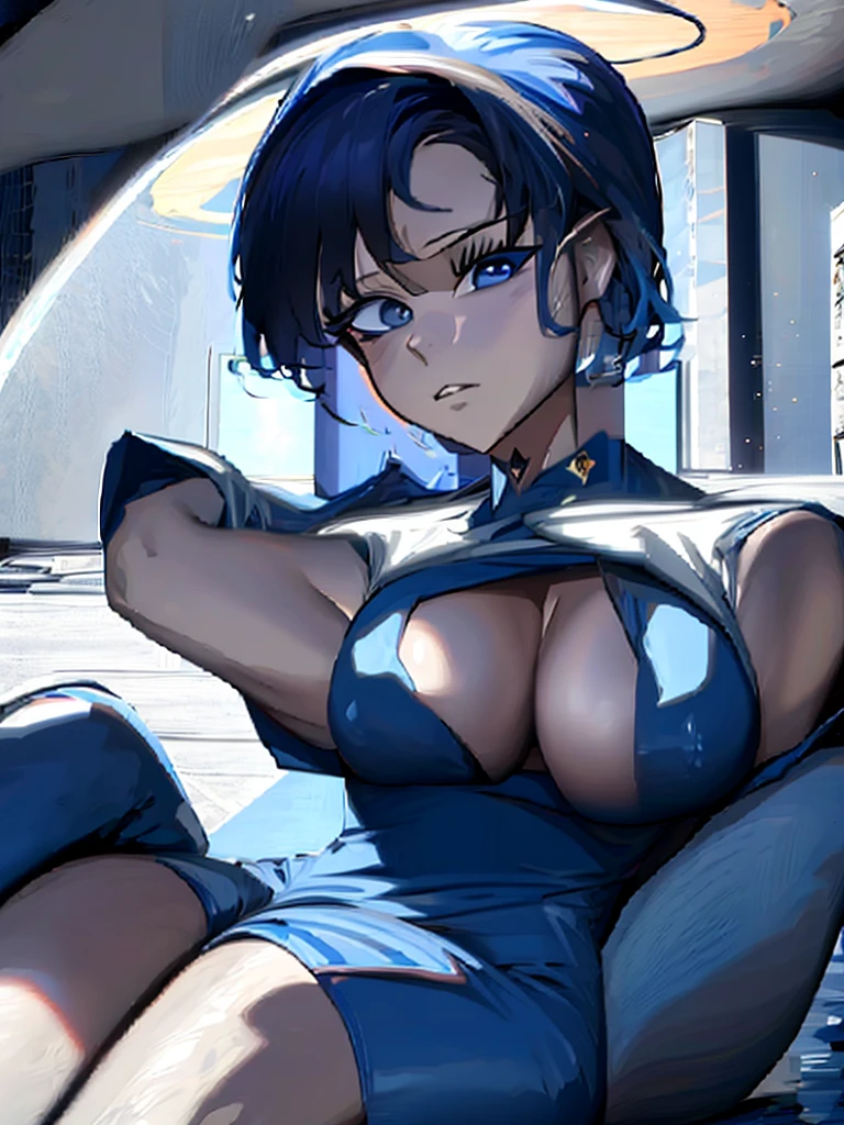 mixed_artwork style, cleavage, sweaty, 1 girl, standing alone, hands, beautiful woman, (best quality, 4K, master part :1.3), beautiful woman, Hyper realistic, 1 girl, attractive body :1.2), abs :1.1, Sweaty body :1.2), (Same, Ultra-detailed face, Detailed lips, detailed eyes, Elizabeth, (/Infinite Bioshock/), Bioshock, blue dress, short hair, blue eyes, coming out of a portal, dimensions ,Hanging breasts