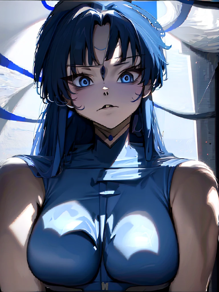 Sailor mercury in full police  suit,long blue hair,Blue Power Ranger, hurricane ,Sexy goth woman big breast, character sheet,inside a pool,High Resolution, Large breasts, 