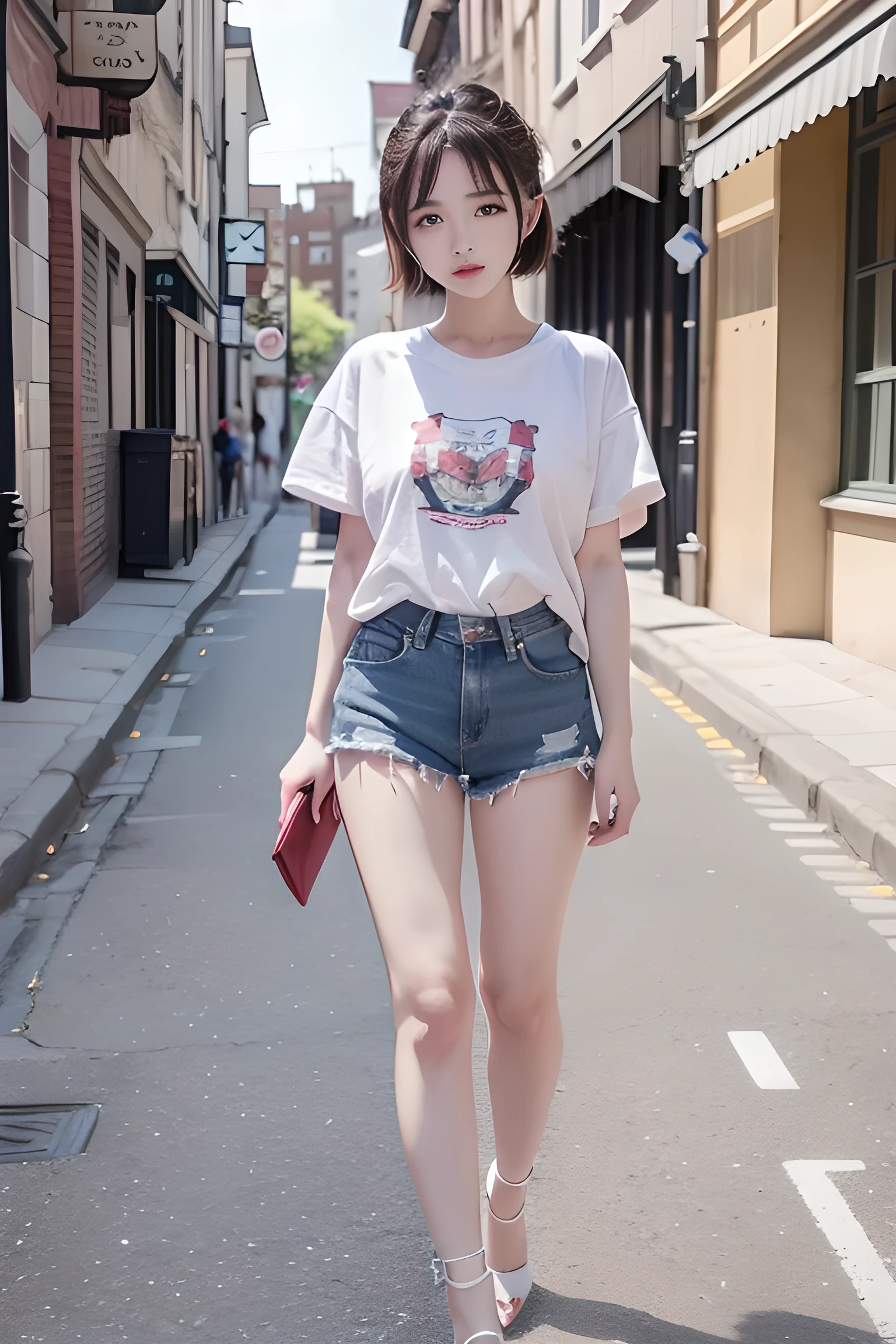 masterpiece、Highest quality、Delicate details、One girl、Idol、Perfect body、Well-formed face、Delicate eyes、Double eyelids、long hair、Hair tucked behind ear、High exposure、White T-shirt、Denim shorts、She wore red high heels、British cityscape during the day、Walking、