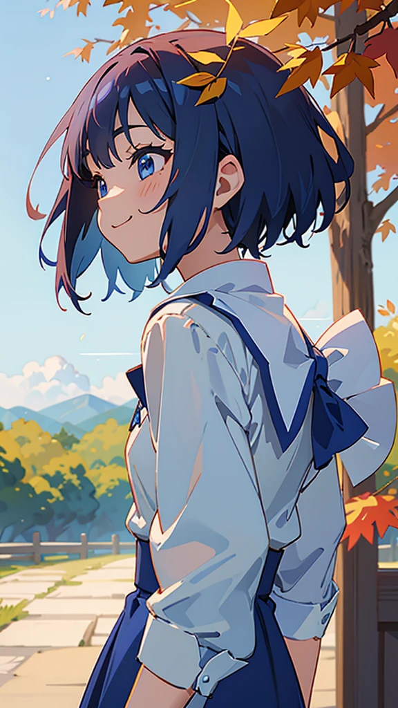 1 Girl、Anime style painting、Upper body close-up、From the side、邪悪なsmile、Dark blue hair、Sparkling blue eyes、smile、White shirt、Light blue apron、Perfect lighting、Autumnal leaves々、Momiji Park、Background Blur, Written boundary depth