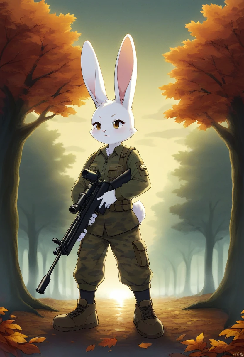 ((Masterpiece)), ((Best Quality)), (Very Detailed), ((Very Detailed)), 4K, (8K), very aesthetic, absurdres highres, 1 girl, (anthropomorphic rabbit, furry, kemono:1.8), A sniper in a camouflage uniform is holding a rifle in the fog, his eyes are sharp and alert to the surrounding situation, the rifle is equipped with a night vision scope to help him miss the target even in the fog In a foggy forest, the trees stand out vaguely. The sniper is hiding in the fog. Fallen leaves are scattered on the ground, and the smell of damp earth is in the air. The backlighting effect makes the sniper's silhouette stand out, and the whiteness of the fog and the trees. The dark colors are contrasting, the overall cold tone is dominant, the faint light shines through the fog, creating a dreamy atmosphere, there is an atmosphere of solitude and concentration, and the tension of the sniper. Vigilance is emphasized, there is silence all around him, and every moment in the fog feels important.