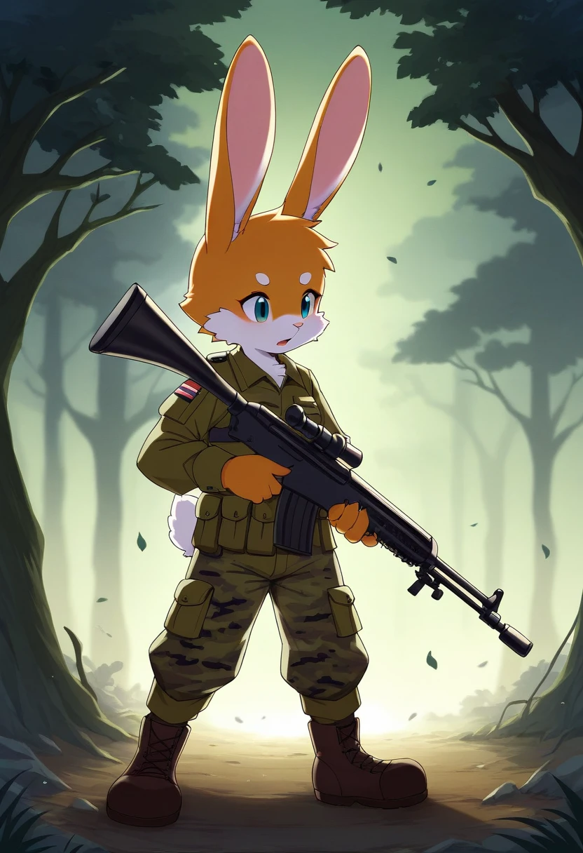 ((Masterpiece)), ((Best Quality)), (Very Detailed), ((Very Detailed)), 4K, (8K), very aesthetic, absurdres highres, 1 girl, (anthropomorphic rabbit, furry, kemono:1.8), A sniper in a camouflage uniform is holding a rifle in the fog, his eyes are sharp and alert to the surrounding situation, the rifle is equipped with a night vision scope to help him miss the target even in the fog In a foggy forest, the trees stand out vaguely. The sniper is hiding in the fog. Fallen leaves are scattered on the ground, and the smell of damp earth is in the air. The backlighting effect makes the sniper's silhouette stand out, and the whiteness of the fog and the trees. The dark colors are contrasting, the overall cold tone is dominant, the faint light shines through the fog, creating a dreamy atmosphere, there is an atmosphere of solitude and concentration, and the tension of the sniper. Vigilance is emphasized, there is silence all around him, and every moment in the fog feels important.