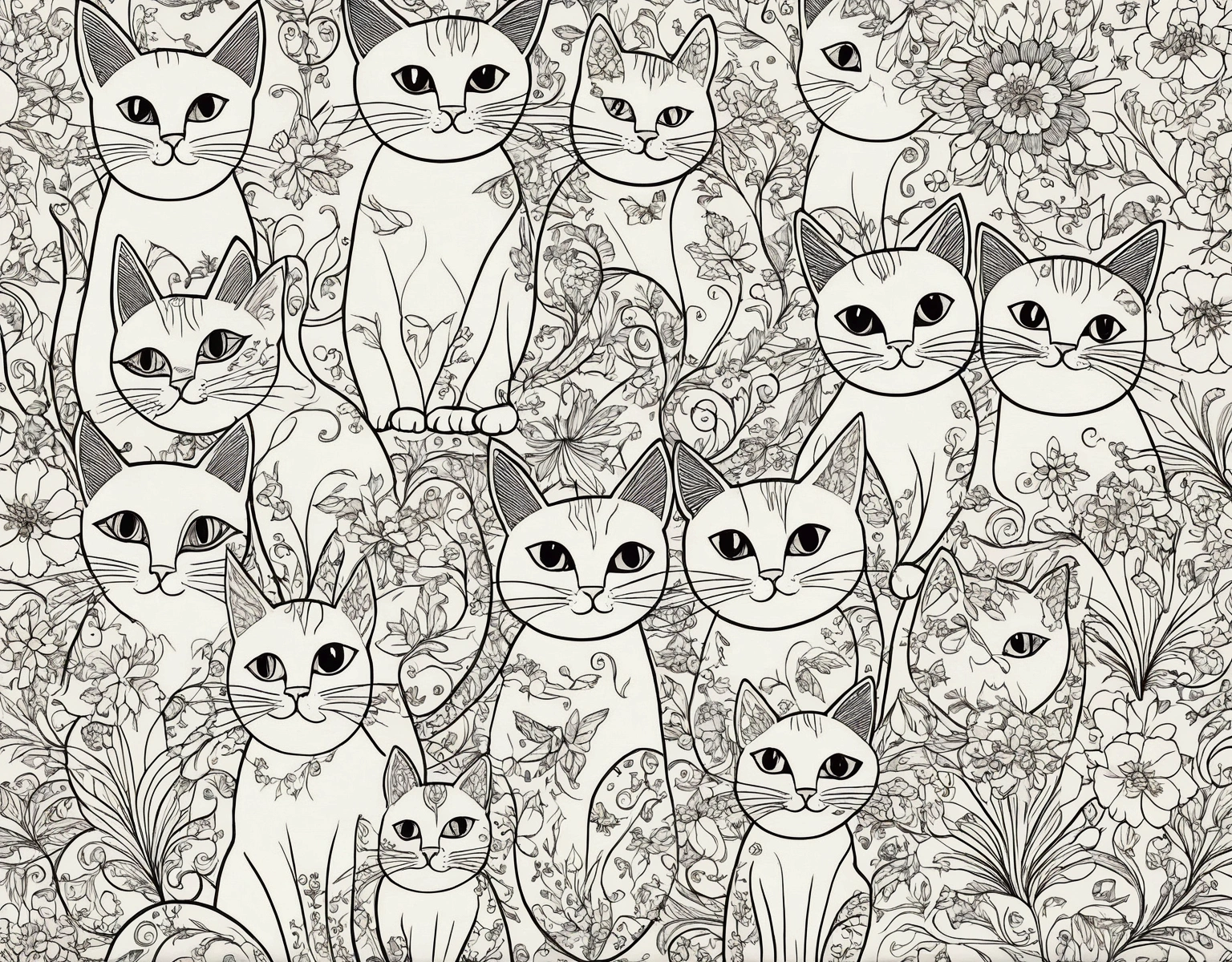 All motifs have a black line edge, colorful cats drawing style