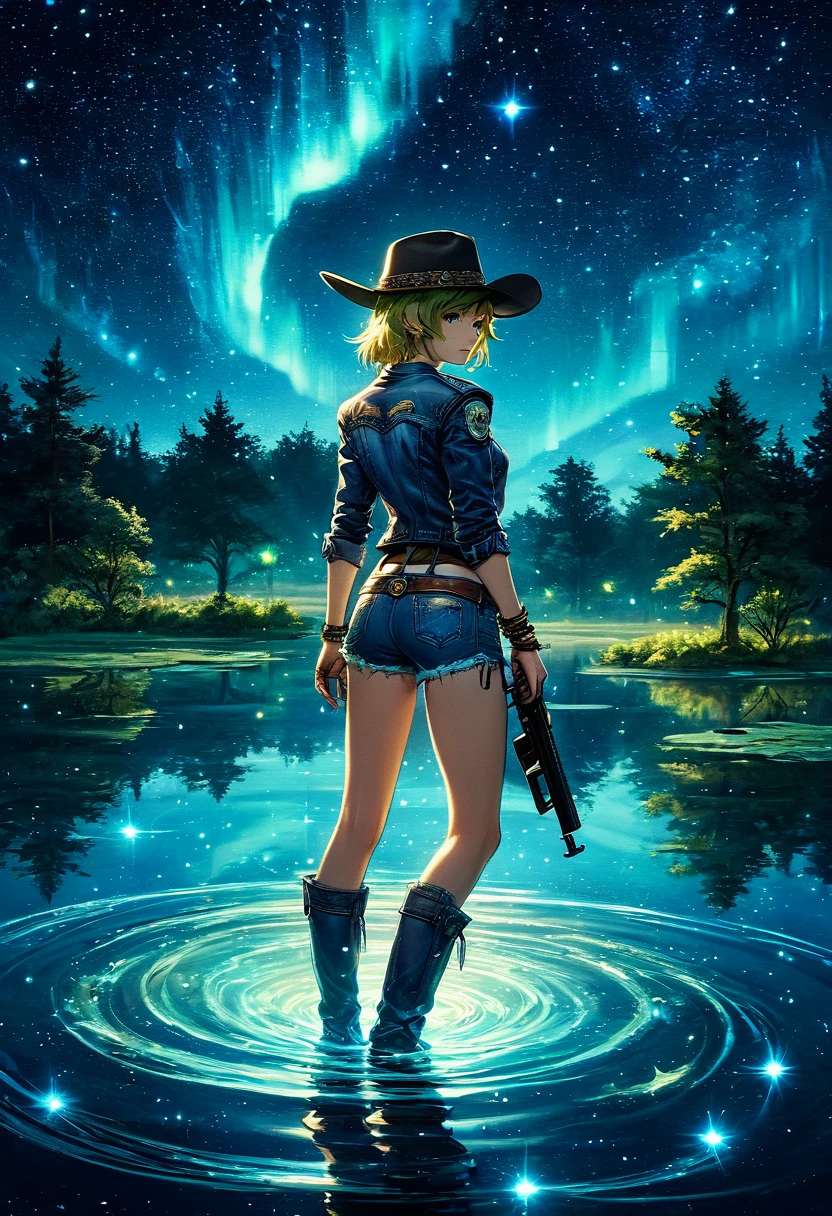 (Pond in the Milky Way), (panoramic:1.4), (Beautiful pond in Interstellar Darkness), Starlight lit up the pond, (1girl)，(Wearing western denim outfits)，(Cyberpunk denim clothing)，Future Tech Cowboy Bebop, shimmering under the moonlight, Hold a gun in both hands，aim at you, (Ultra Detailed:1.5), (The glow of the cowgirl is reflected in the water:1.2), Starlight Poetry, dream, fantasy, Dark environment soft moonlight reflected in water, 8K,Hyperrealism, Very detailed，Beautiful digital artwork, (light blue, blue, gold:1.2), Realistic digital art, soft light, (Very detailed: 1.4) , ((masterpiece)), (Exquisite details，Beautiful: 1.3), (1.4x more realism)