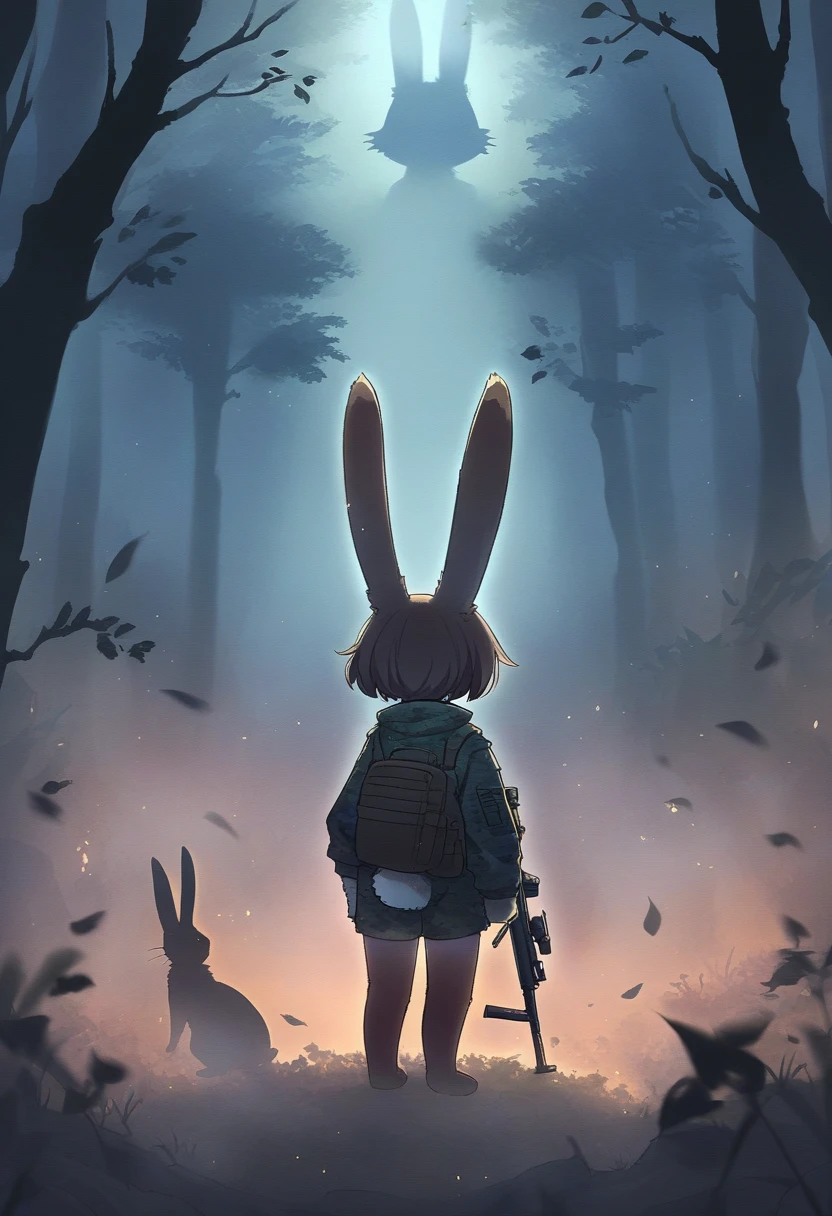 ((Masterpiece)), ((Best Quality)), (Very Detailed), ((Very Detailed)), 4K, (8K), very aesthetic, absurdres highres, 1 girl, (anthropomorphic rabbit, furry, kemono:1.8), A sniper in a camouflage uniform is holding a rifle in the fog, his eyes are sharp and alert to the surrounding situation, the rifle is equipped with a night vision scope to help him miss the target even in the fog In a foggy forest, the trees stand out vaguely. The sniper is hiding in the fog. Fallen leaves are scattered on the ground, and the smell of damp earth is in the air. The backlighting effect makes the sniper's silhouette stand out, and the whiteness of the fog and the trees. The dark colors are contrasting, the overall cold tone is dominant, the faint light shines through the fog, creating a dreamy atmosphere, there is an atmosphere of solitude and concentration, and the tension of the sniper. Vigilance is emphasized, there is silence all around him, and every moment in the fog feels important.
