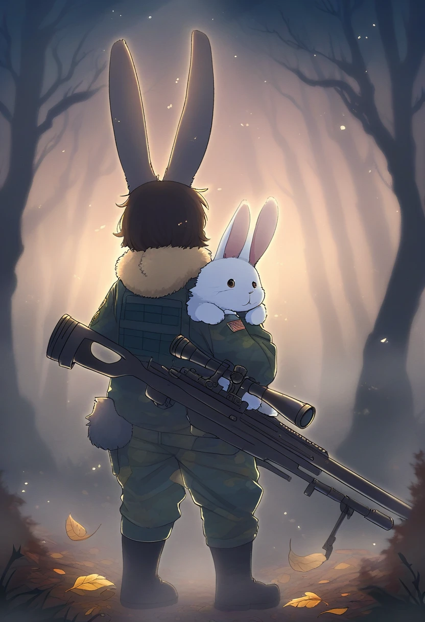 ((Masterpiece)), ((Best Quality)), (Very Detailed), ((Very Detailed)), 4K, (8K), very aesthetic, absurdres highres, 1 girl, (anthropomorphic rabbit, furry, kemono:1.8), A sniper in a camouflage uniform is holding a rifle in the fog, his eyes are sharp and alert to the surrounding situation, the rifle is equipped with a night vision scope to help him miss the target even in the fog In a foggy forest, the trees stand out vaguely. The sniper is hiding in the fog. Fallen leaves are scattered on the ground, and the smell of damp earth is in the air. The backlighting effect makes the sniper's silhouette stand out, and the whiteness of the fog and the trees. The dark colors are contrasting, the overall cold tone is dominant, the faint light shines through the fog, creating a dreamy atmosphere, there is an atmosphere of solitude and concentration, and the tension of the sniper. Vigilance is emphasized, there is silence all around him, and every moment in the fog feels important.
