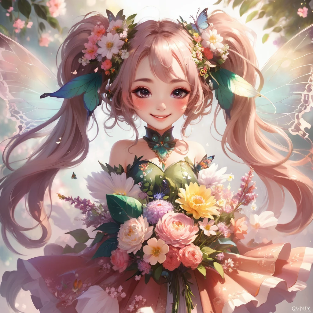 Anime girl with flowers and butterfly wings in her hair, guweiz on pixiv artstation, Smiling like a fairy queen, Guweiz on ArtStation Pixiv, Fairy portrait, Fairy portrait, Beautiful anime artwork, artstation pixivでトレンド, Gweiz-style artwork, Detailed digital anime art, pixiv Contest Winner
