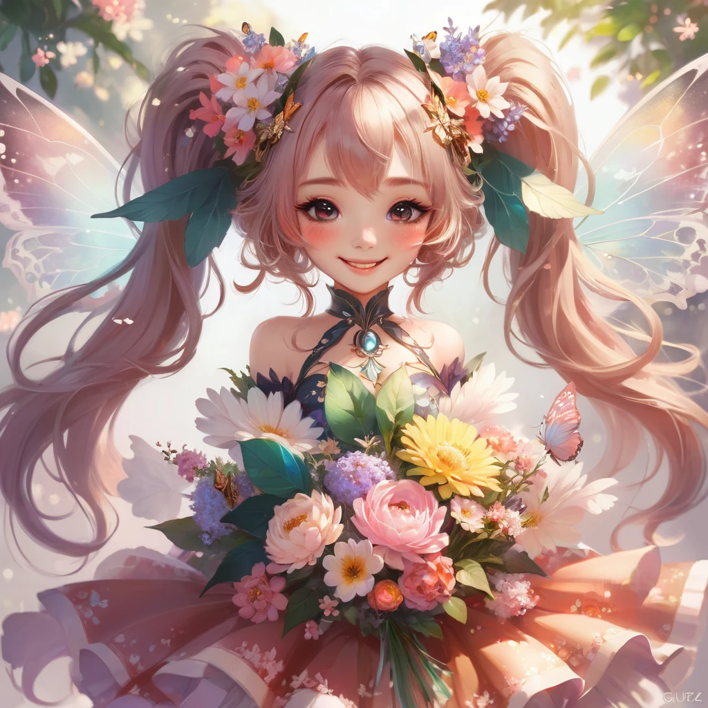 Anime girl with flowers and butterfly wings in her hair, guweiz on pixiv artstation, Smiling like a fairy queen, Guweiz on ArtStation Pixiv, Fairy portrait, Fairy portrait, Beautiful anime artwork, artstation pixivでトレンド, Gweiz-style artwork, Detailed digital anime art, pixiv Contest Winner