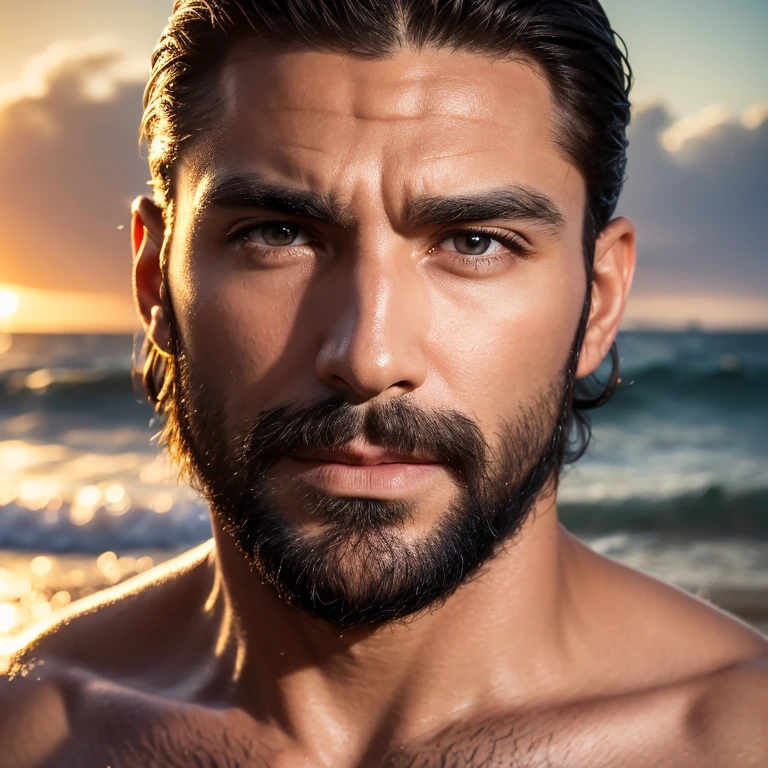 a muscular hairy italian man in his 40s or 50s, wearing a speedo at the beach, with a dominant and erotic expression, staring directly at the camera, (best quality,4k,8k,highres,masterpiece:1.2),ultra-detailed,(realistic,photorealistic,photo-realistic:1.37),chiseled facial features,intense eyes,detailed lips,extremely detailed face and body,beach,ocean waves,golden hour lighting,dramatic contrast,vibrant colors