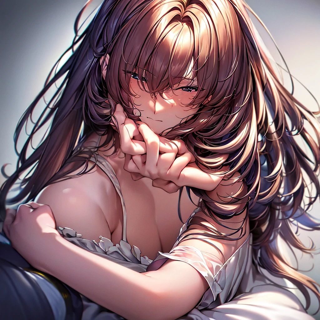 (extremely detailed 8k wallpaper)+,Messy Hair,Holding his head with a satisfied look on his face,One girl,alone, Complex, Attention to detail, dramatic, Top quality masterpiece, Realistic, detailed, 8k, High resolution, Backlight, bloom, The light shines, chromatic aberration, Sharp focus, Highest quality digital art, Great art