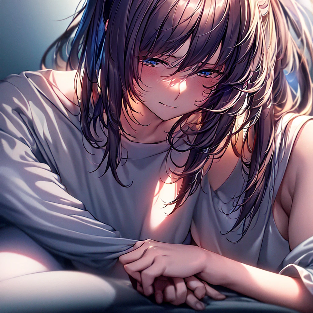 (extremely detailed 8k wallpaper)+,Messy Hair,Holding his head with a satisfied look on his face,One girl,alone, Complex, Attention to detail, dramatic, Top quality masterpiece, Realistic, detailed, 8k, High resolution, Backlight, bloom, The light shines, chromatic aberration, Sharp focus, Highest quality digital art, Great art