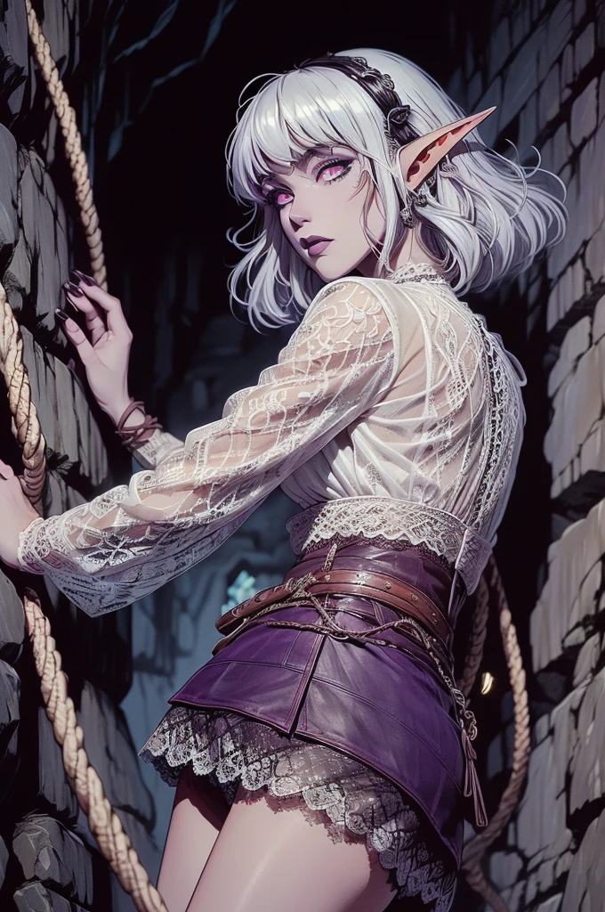 (Ultra-detailed face:1.2), (Fantasy Illustration with Gothic & Ukiyo-e & Comic Art), (She is climbing an overhanging cliff with her back to it and holding a rope with her hands), (A middle-aged elf woman with white hair, blunt bangs, bob cut, dark purple skin, lavender eyes), BREAK (She is wearing a lacy leather suit and mini skirt:1.3)