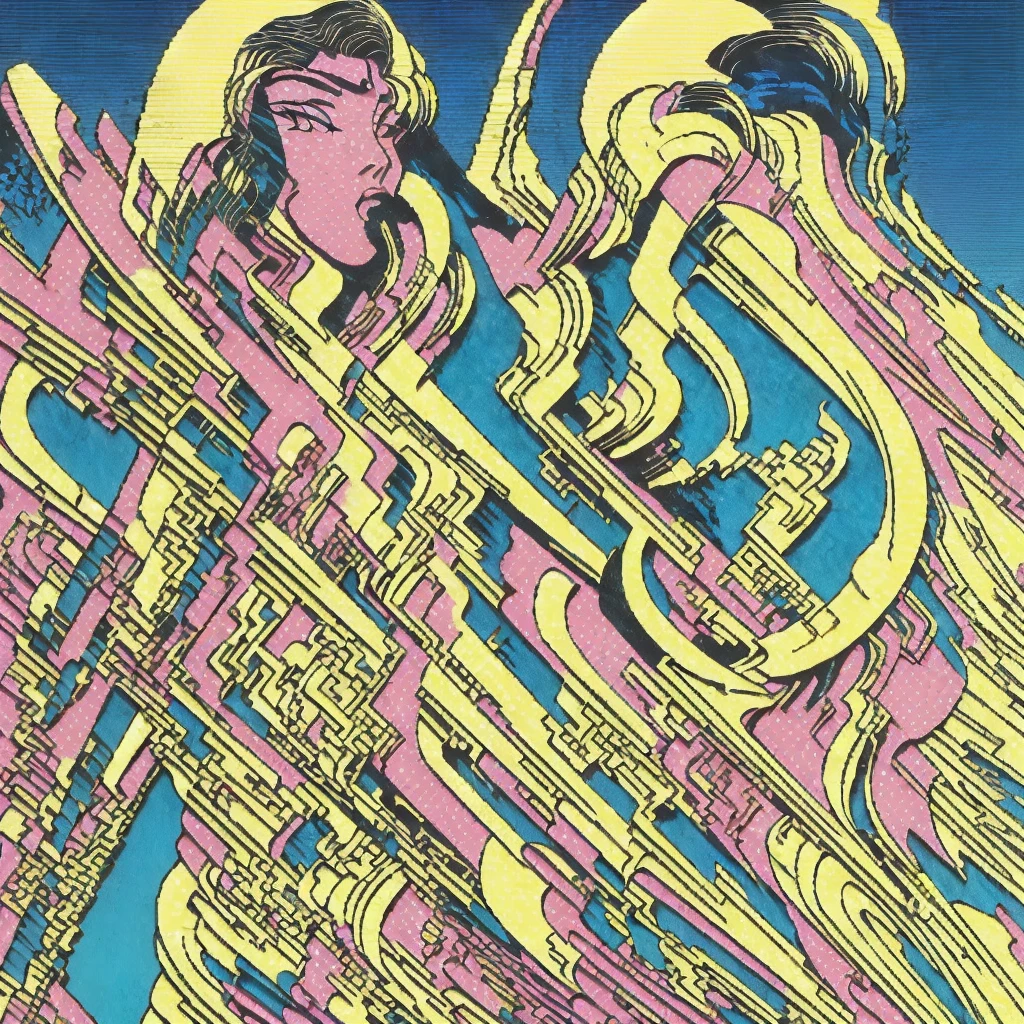 (masterpiece), Highest quality, One girl, Part your lips, Upper Body, bangs,((Grainy Halftone Screen,popart,Mixed Media,Vaporwave)),((Lichtenstein-style drawing)),(blue eyes,Wearing headphones)