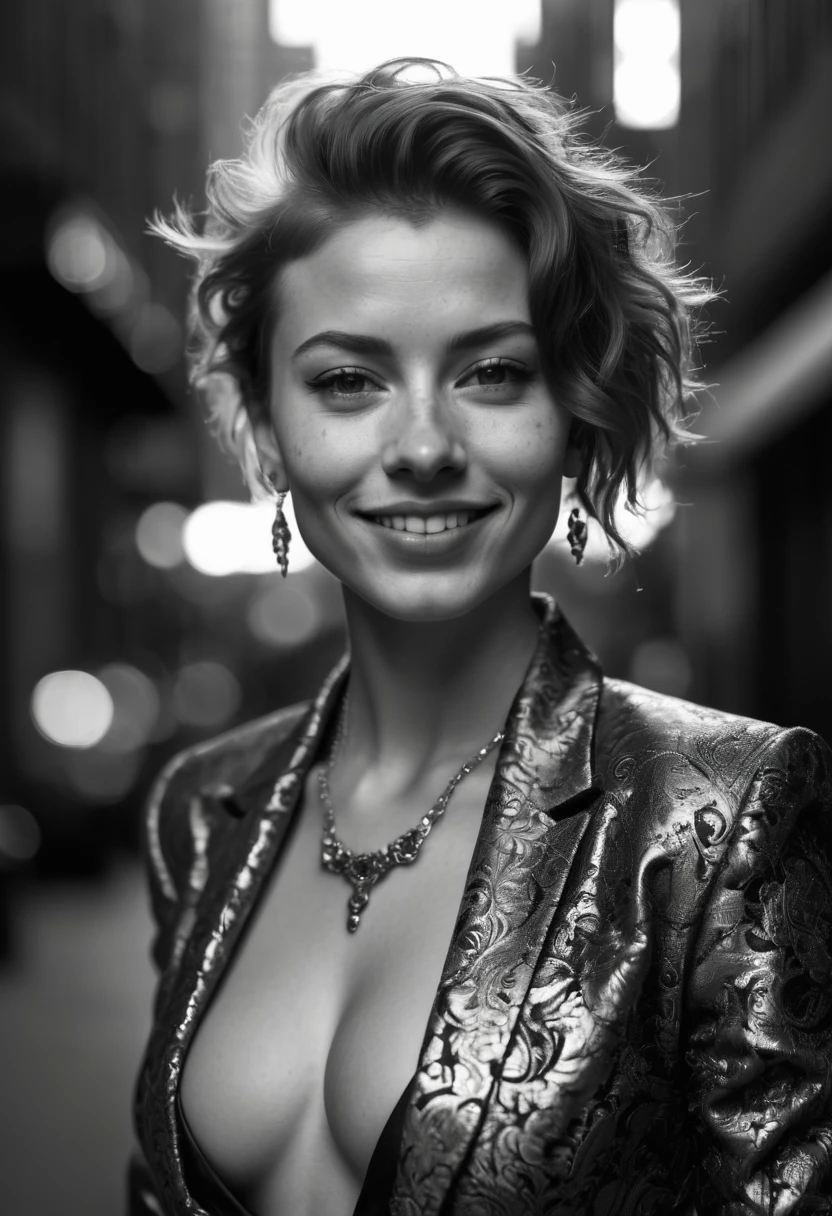 Ultra detailed, intricate detail, cinematic photo. intense backlight. Chiaroscuro. Beautiful face, intricate. Night in new york. Black and white, b&w, golden hour. Award winning monochromatic photograph in extreme low angle full body portrait of shy smile, playful, strong Beautiful punk rock woman in very ornate tight teal suit, Cleavage,. Posing smiling. Undercut, shaved redhead. Caravaggio style. Vermeer, Goya, Caravaggio. Cleavage.
