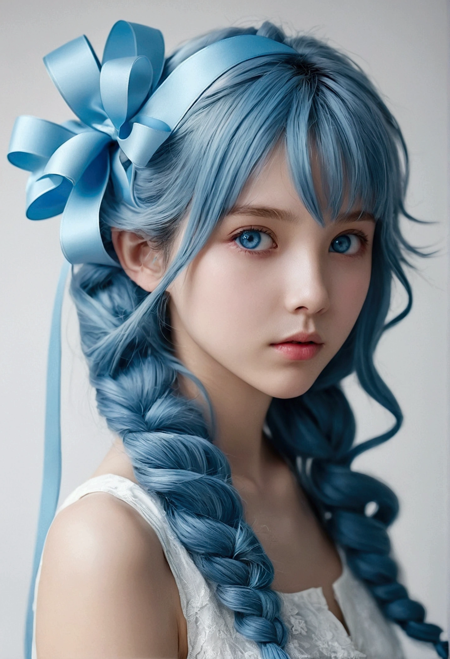 Light blue hair、Big blue ribbon hair ornament、Light blue eyes、Girl