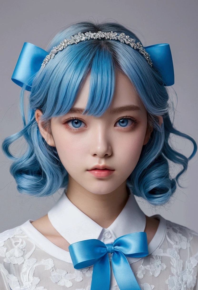 Light blue hair、Big blue ribbon hair ornament、Light blue eyes、Girl