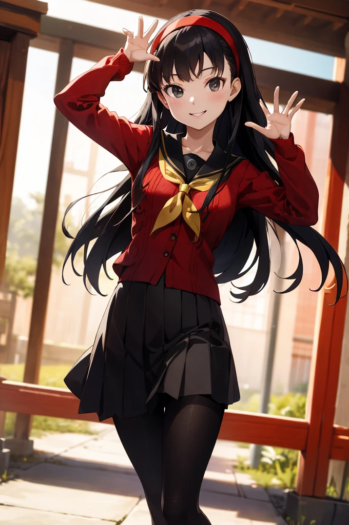 masterpiece, best quality, highres, aayukiko, long hair, hairband, , serafuku, red cardigan, long sleeves, black skirt, black pantyhose, smile, waving, standing, cowboy shot, outdoors,