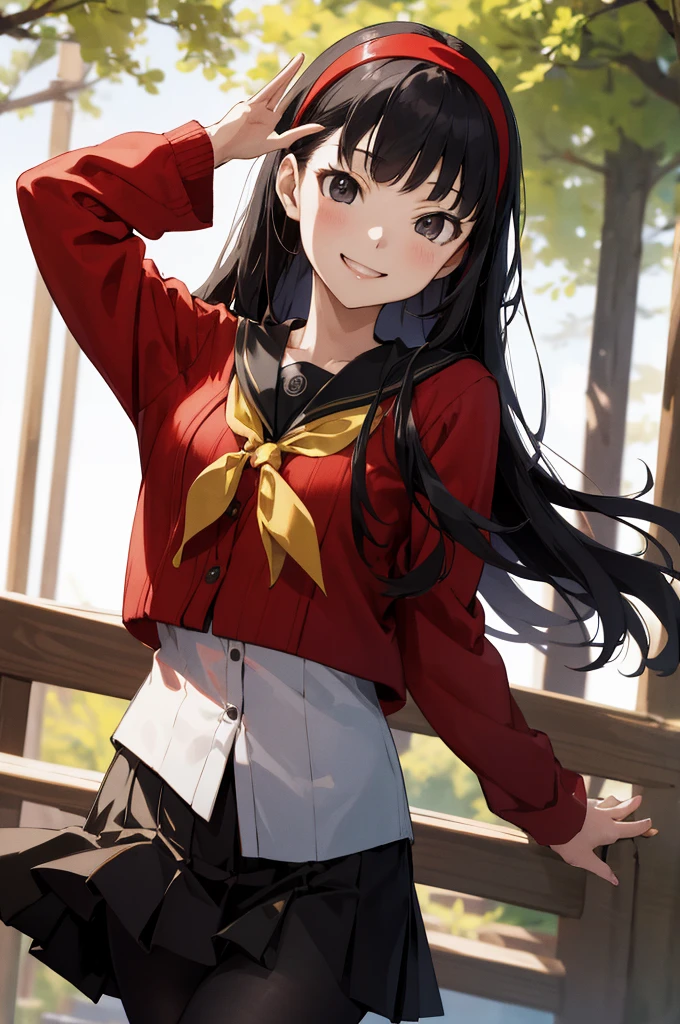 masterpiece, best quality, highres, aayukiko, long hair, hairband, , serafuku, red cardigan, long sleeves, black skirt, black pantyhose, smile, waving, standing, cowboy shot, outdoors,