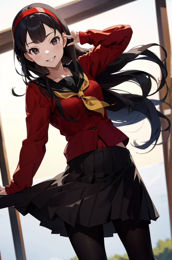 masterpiece, best quality, highres, aayukiko, long hair, hairband, , serafuku, red cardigan, long sleeves, black skirt, black pantyhose, smile, waving, standing, cowboy shot, outdoors,