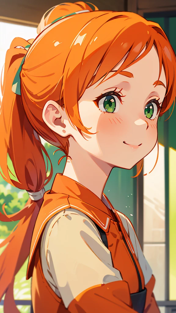 1 Girl、Orange clothes、Orange Hair、ponytail、Beautiful green eyes、profile、smile、profile、Face close-up、Morning Cafe Terrace、Background blur, Written boundary depth