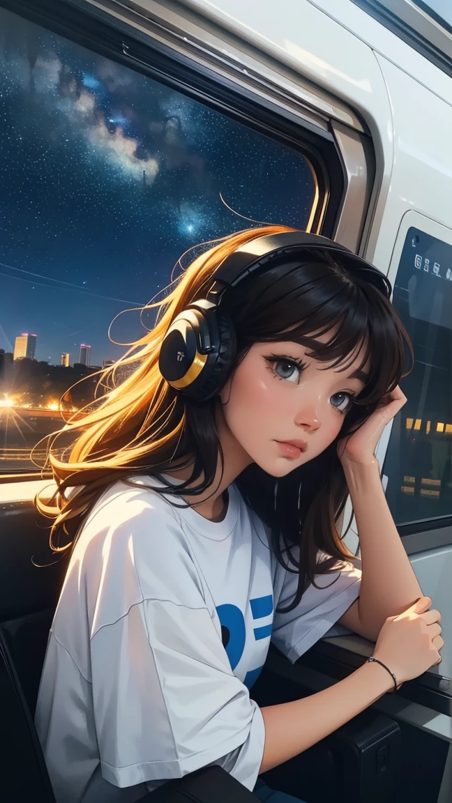 train, Sit by the window, high quality、T-Shirts, Stargazing, His head was stuck in the glass, Put on your headphones, Scenery passing by at high speed, Night Travel, Beautiful starry sky, beautiful girl, UHD Portrait, (, colorful, Long hair in color 🌈