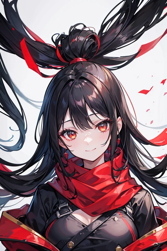 black hair, left hair bundle, portrait, girl, passionate, a powerful smile, golden eyes, red scarf, black short sleeve jacket, B cup, Active,