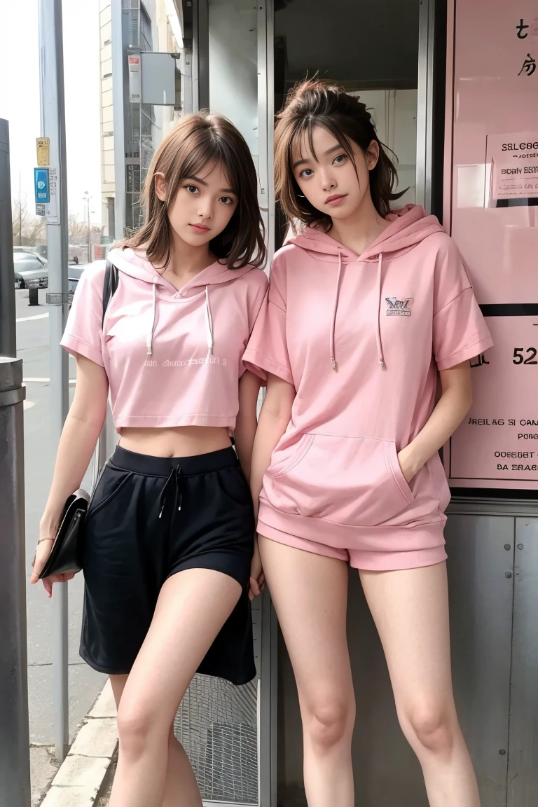 deux femmes ensemble de 18 ans sexy et mince , pink short sleeve hoodie , salle de classe, se touche,position sey,sensuel,visible legs,