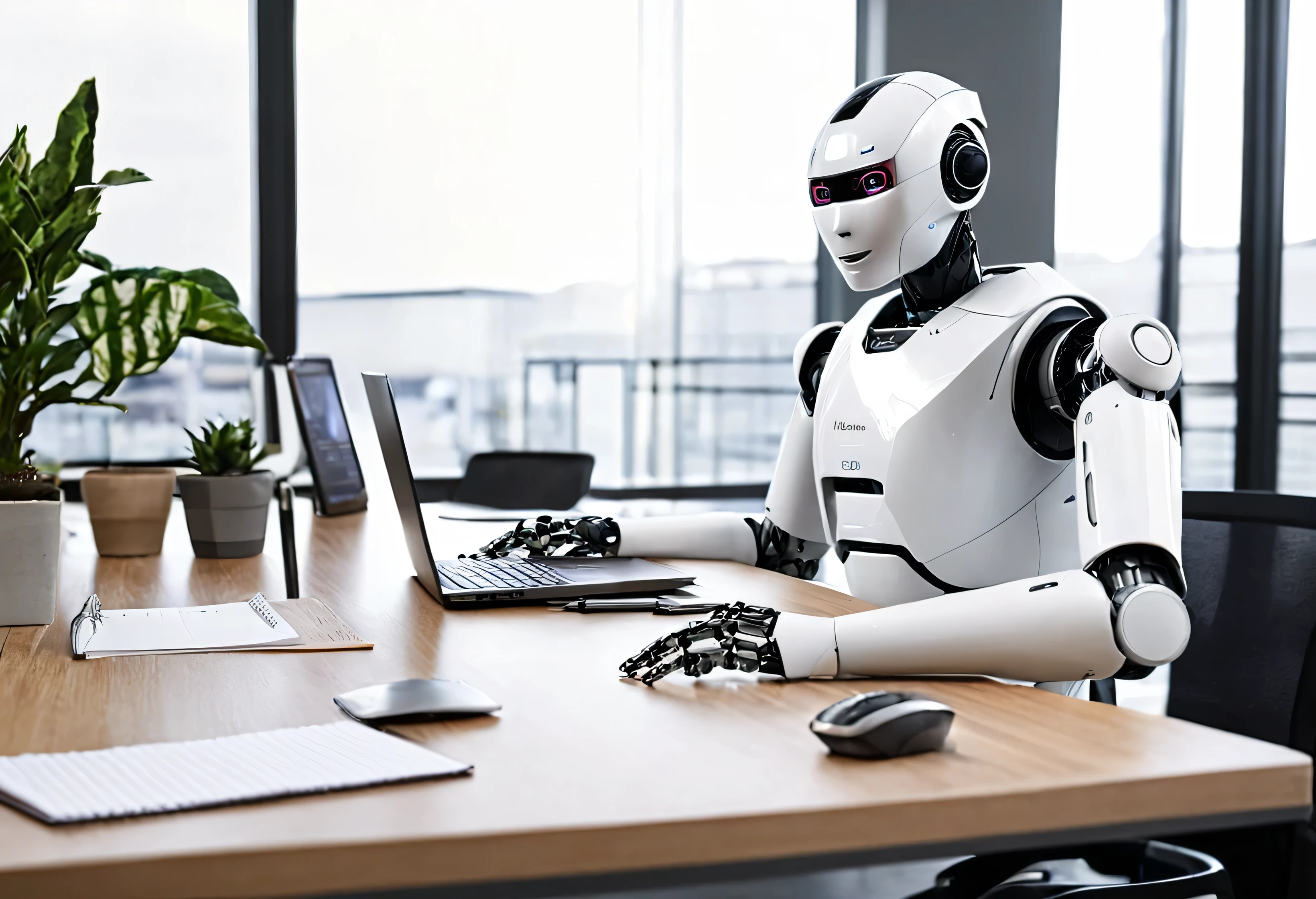 Generate a highly detailed and realistic photo of a humanoid robot working at an office desk with a laptop. The robot should have a sleek, modern design with human-like features, including articulated limbs and a friendly, expressive face. It is seated at a contemporary office desk, typing on a laptop with a sophisticated interface displayed on the screen. The desk is organized with office supplies such as a notepad, pen, coffee mug, and a few documents. The background features a modern office setting with large windows letting in natural light, ergonomic furniture, and a few potted plants. The overall atmosphere is professional and productive, highlighting the seamless integration of advanced robotics into a typical office environment. This photo should be hyper-realistic, showcasing the potential of humanoid robots in the workplace.