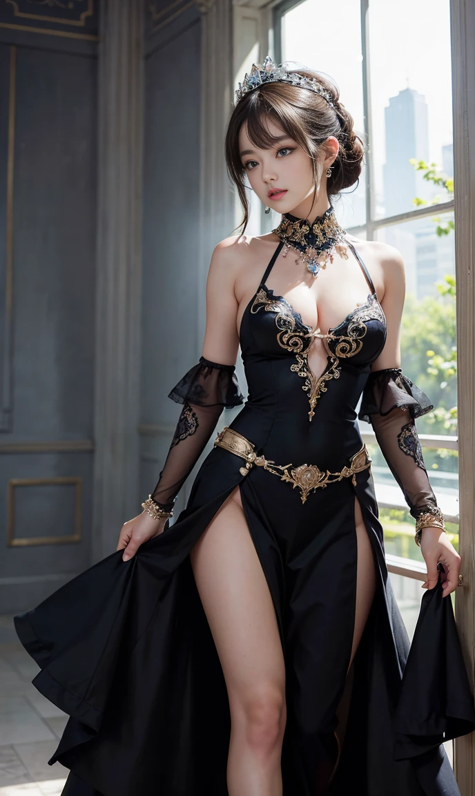 (best quality, masterpiece, Ultra-high resolution), whole body、Show your shoulders、Amazon Queen's Transparent Dress、Professional photography work:1.4, Very detailedな肌と顔の質感:1.3, Cultivating lighting effects, Very detailed, Model body type、beautiful girl、Beautiful appearance:0.8 necklaces、Looking at the audience、Catchy eyes、 (Delicate face:1,5), (beautiful eyes:1.5)、belly button、thigh、Looking Back、(Shotgun, Beautiful back)、Lift your butt、Stick out your ass