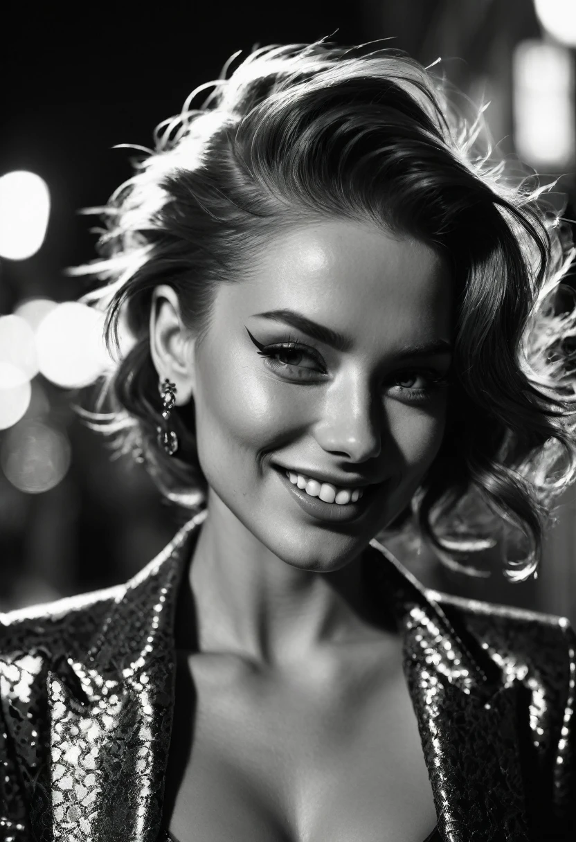 Ultra detailed, intricate detail, cinematic photo. intense backlight. Chiaroscuro. Beautiful face, intricate. Night in new york. Black and white, b&w, golden hour. Award winning monochromatic photograph in extreme low angle full body portrait of shy smile, playful, strong Beautiful punk rock woman in very ornate tight teal suit, Cleavage,. Posing smiling. Undercut, shaved redhead. Caravaggio style. Vermeer, Goya, Caravaggio. Cleavage.
