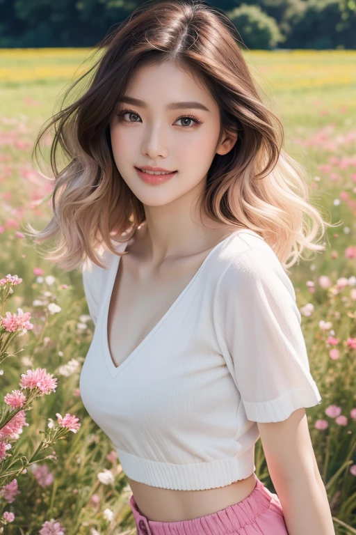 Top quality, RAW Photo, Highest Quality Image, 16K, Full body, Age 20 years old, Realistic, Photorealistic,  Beautiful Asian woman, Sexy, body, White pale skin, Beautiful hair, Wavy hair, Light Pink Hair,, Short hairstyle, Detailed face, Detailed body, Detailed skin, Double eyelids, Big eyes, long eyelashes, bright eyes, green eyes, natural lips, detailed lips, Saggy breasts, Very Small breasts, Flat Breasts, flat chested, posing in pink flowers field , briy light , sunny day, light wind, wearing white shirt and shorts , smiling 