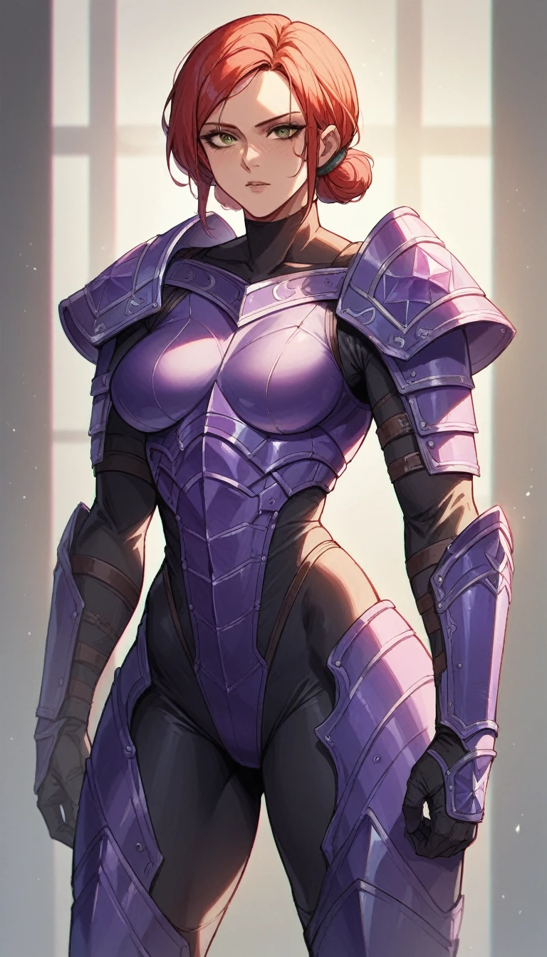 solo,female humanoid,fitness,black exosuit,full armor,multicolor trim,rgb,perfect lighting,standing,crystal trimmed,trims on armor,(purple trim detail:1.2)dynamic,seductive,NSFW