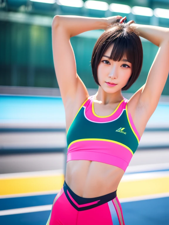 Best quality 8k resolution Ultra detailed Bright neon colored competition sportswear Serious facial expression Two cute beauties Abs Arms up Very short hair High waisted tights Flat chest Japanese Sharp focus Track and field club Very short hair 27 years old